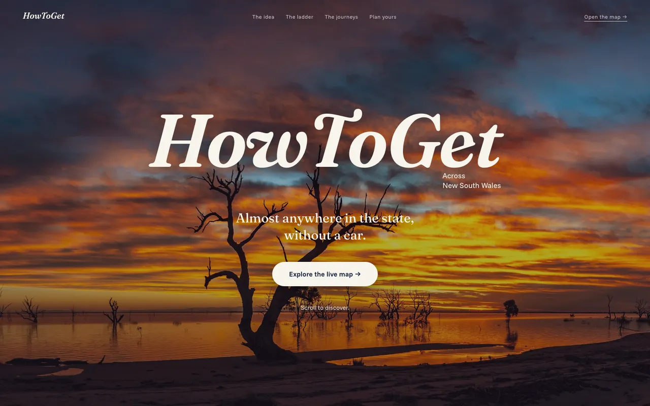 HowToGet landing page: the wordmark over a sunset lake with the tagline “Almost anywhere in the state, without a car”