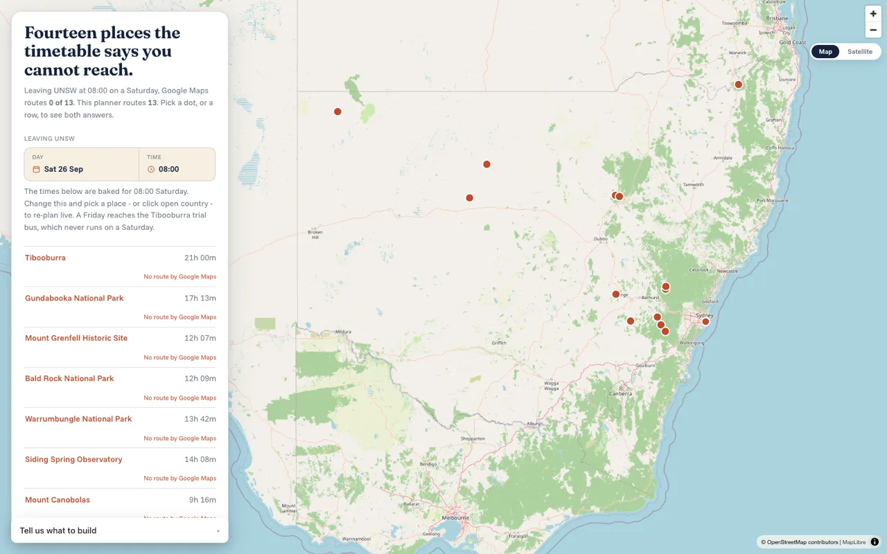HowToGet map of New South Wales with fourteen destinations the timetable reaches but Google Maps cannot route to